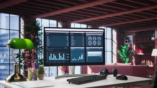 Desktop PC on the Wooden Desk Showcases Infographics and Client Reach Data