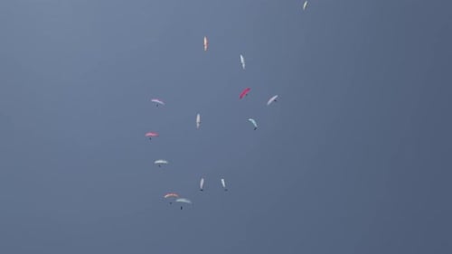 Fallschirmspringen mit Gleitschirmen in einem Gleitschirmwettbewerb. Im Kreis fliegen.
