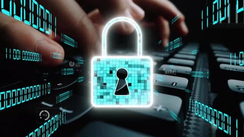 Digital security concept with computer keyboard and lock symbol representing encryption, data protec