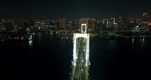 Tokyo night skyline with illuminated Rainbow bridge, twilight asian metropolis with skyscrapers.