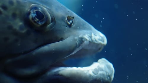 Vue macro intime d'un poisson d'eau douce repéré sous l'eau, bouche ouverte et œil net