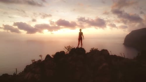 Woman stands on a rocky cliff overlooking the ocean at sunset, with dramatic clouds in the sky and m
