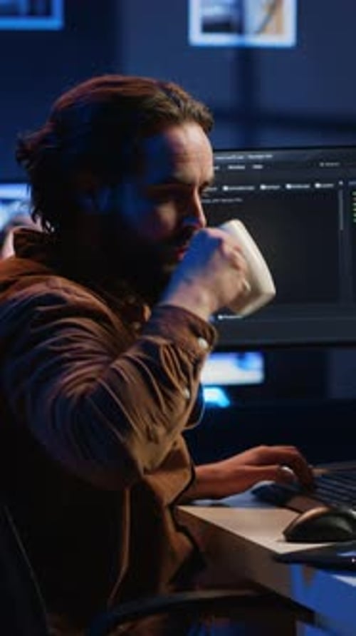 IT-Experte macht Multitasking im Büro einer Wohnung, während er Musik hört
