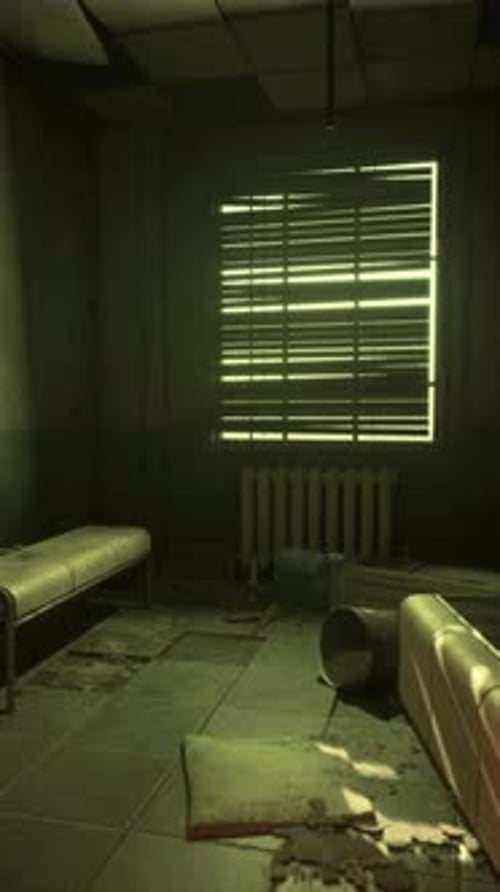 Abandoned Derelict Room with Light Through Blinds Pan