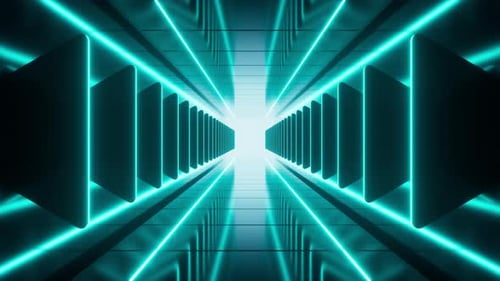 Cyan neon tunnel and light background, abstract and technology concept, 3d rendering.