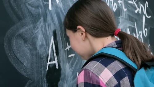 Student Reviewing Equations Written on Chalkboard