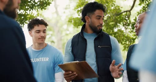 Volunteer, clipboard and man with team outdoor for food drive, collect donations and charity event