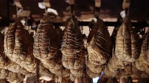 Cured Meat Hanging in Food Cellar