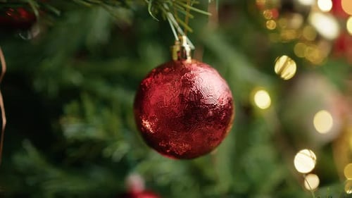 Red Christmas Ornament Hanging on Decorated Tree