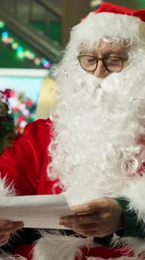 Vertical Video Man Playing Santa Claus Character Making List of Kids Who Has Been Naughty