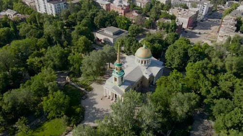 A drone view of The Saviour's Transfiguration Cathedral a main Orthodox church of Dnipro, Ukraine.
