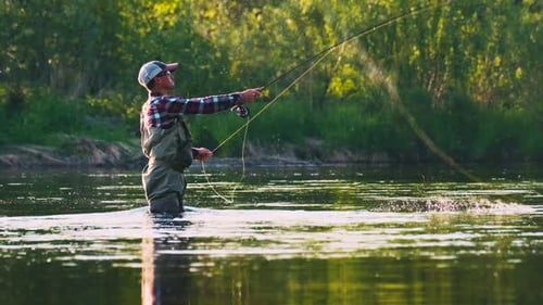 Fly fishing. Fly fisherman casts the line on the river. Angler stands in the river and casts the fly