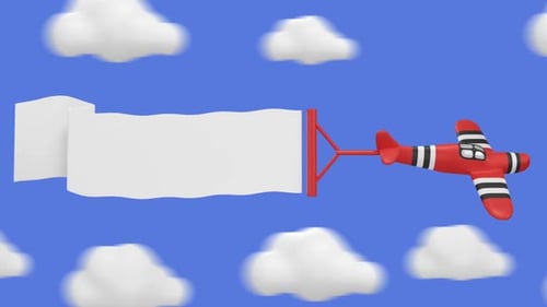Cartoon Red Airplane Flying with Blank Banner for Advertising