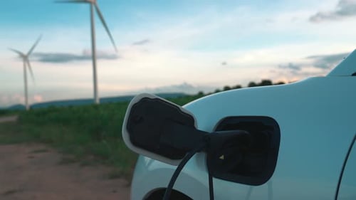 Progressive combination of EV car, charging station and wind turbine.
