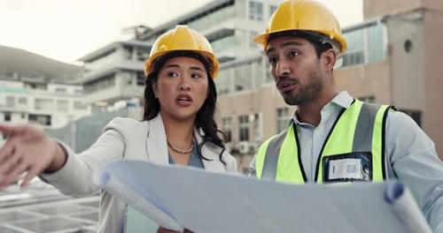 People, architect and blueprint on rooftop in planning, building inspection