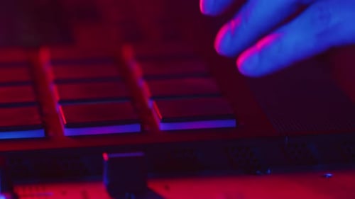 Musician Pushes Buttons on Console in Studio DJ Hand Switches Channels on Mixing Console Pressed