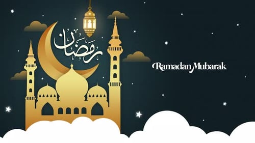 Animated Ramadan Mubarak Greeting with Golden Mosque and Crescent Moon