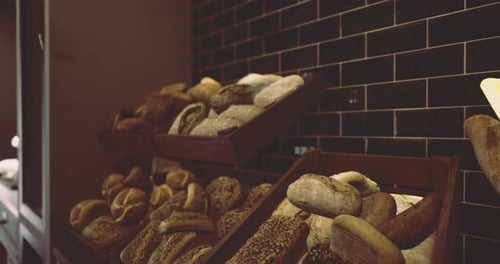 Freshly Baked Artisan Bread Displays in a Contemporary Bakery Setting