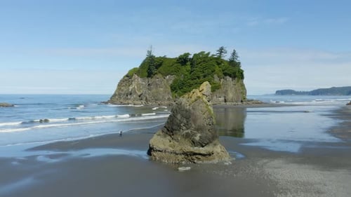 Drone Flies Past Giant Boulders at Ruby Beach on the Olympic Peninsula in Washington