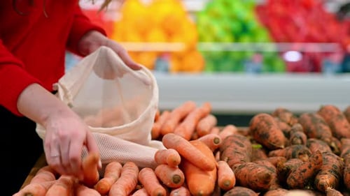 Mujer recogiendo zanahorias en una bolsa reutilizable en una tienda. Temáticas del Día de la Tierra y la Ecología