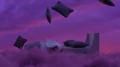Flying Bed And Cushions Over Fluffy Purple Clouds
