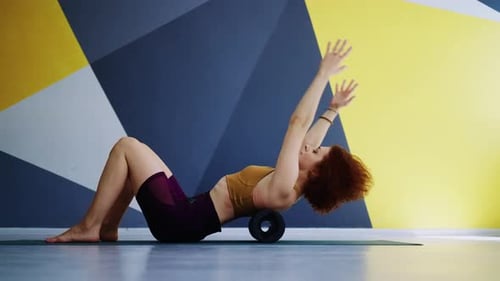 Fitness Workout With Sport Roller In Studio Slender Athletic Woman Training Alone In Health Club