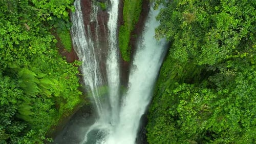 Aerial Drone View of Beautiful Aling Aling Waterfall in Nothern Bali Indonesia