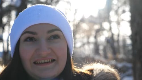 Portrait of Happy Woman Walking Through Winter Forest Cute Girl Looking at Camera and Laughing