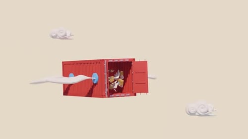 Flying Red Shipping Container Delivering Winged Packages Animation