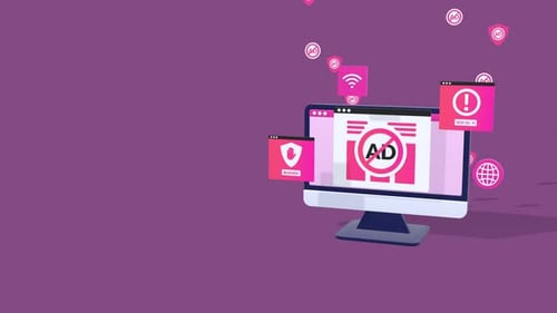 Animiertes Konzept des Werbeblockers und der Entfernung von Online-Werbung für sichereres Surfen mit Textfeld.