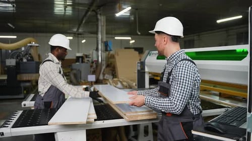 Two Workers Sorting Cut Wood Panels for Furniture
