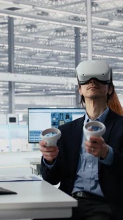 Vertical Video Optimizing Microchip Production VR Technology and Engineer in Factory