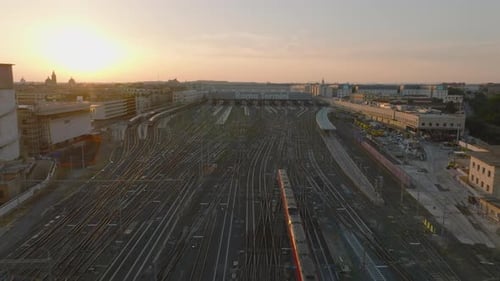 Fly Over Modern Passenger Train Approaching Roma Termini Train Station