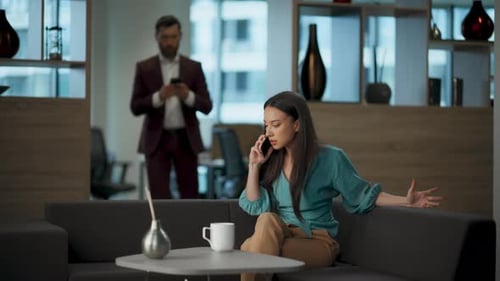 Angry Woman Call Phone at Office Annoyed Nervous Person Talking Mobile Device