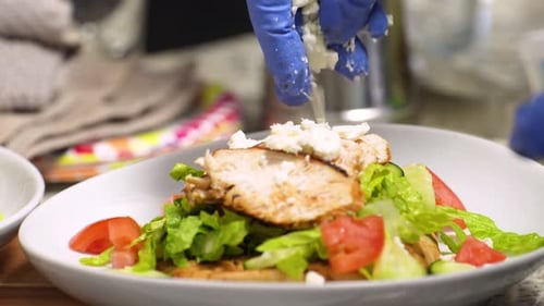 Chef Prepares Fresh Chicken Salad With Cheese