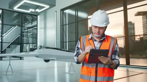 Engineer Inspecting Drone in Modern Futuristic Setting