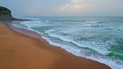 Gloomy Ocean Sand Beach Landscape Aerial View Stormy Sea Surf Waves Coastline
