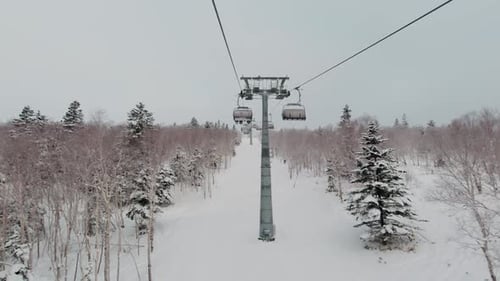 Riding on Ski Lift Above the Slopes Between Snow Covered Pinetrees POV Shot Winter Vacation Concept
