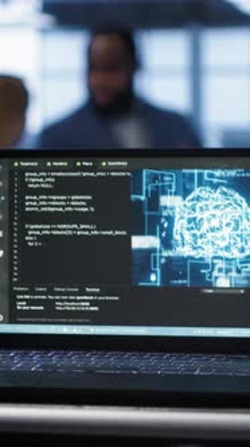 Vertical Video Focus on Notebook Used By Engineers in Server Hub in Blurry Background