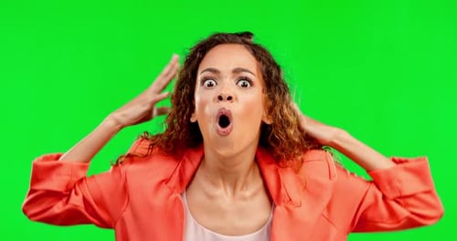 Shock, unexpected and face of a female in a studio with good, wow or wtf shocking news on a sale