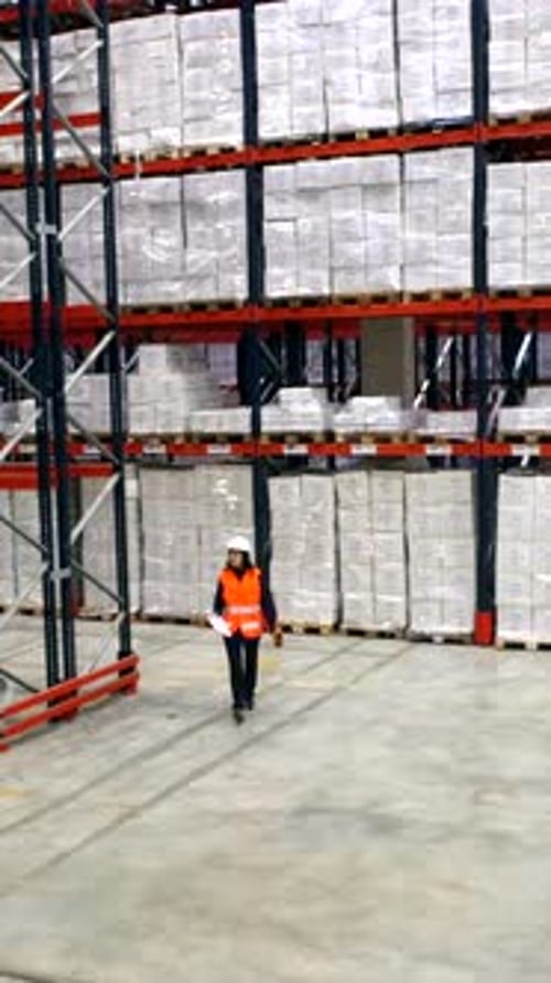 Female supervisor walking through logistics warehouse