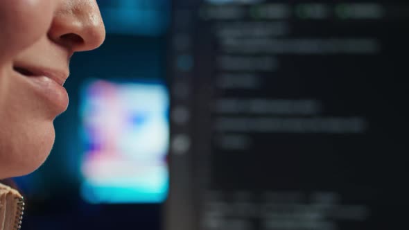 Extreme Closer Up Shot of Smiling Computer Engineer Working, Technology ...