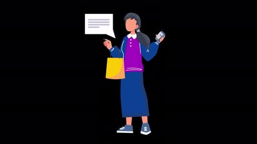Animated Flat Design Woman Character Shopping with Mobile Phone and Speech Bubble