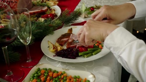 Festive Holiday Ham Dinner Plate Preparation