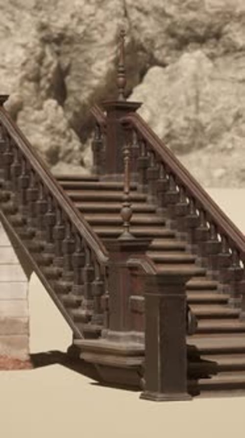 A Set of Stairs in the Sand with a Rock in the Background