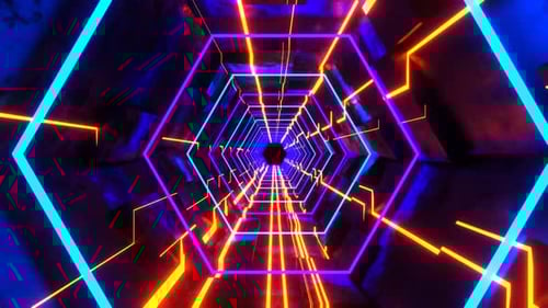 Orange And Purple And Blue Hexagonal Sci Fi Tunnel With Neon Lights Background VJ Loop l 4K