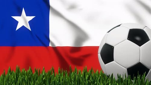 Chile National Flag Waving with 3D Soccer Ball on Green Grass