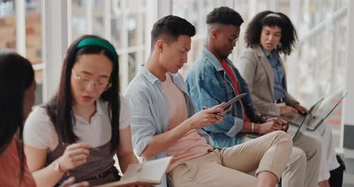 Diversity campus students with notebook, technology and study for college exam