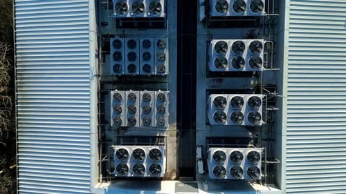 Aerial view of rooftop AC units, United Kingdom.