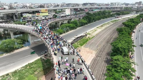 Aerial view of people doing massive political procession in Dhaka, Bangladesh.